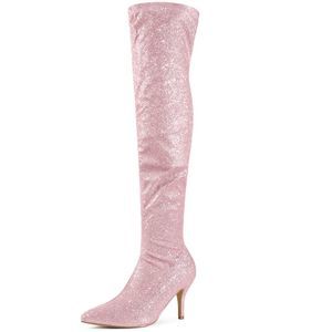 Glitter Pointed Toe Stiletto Heels Pink Over the Knee Boots